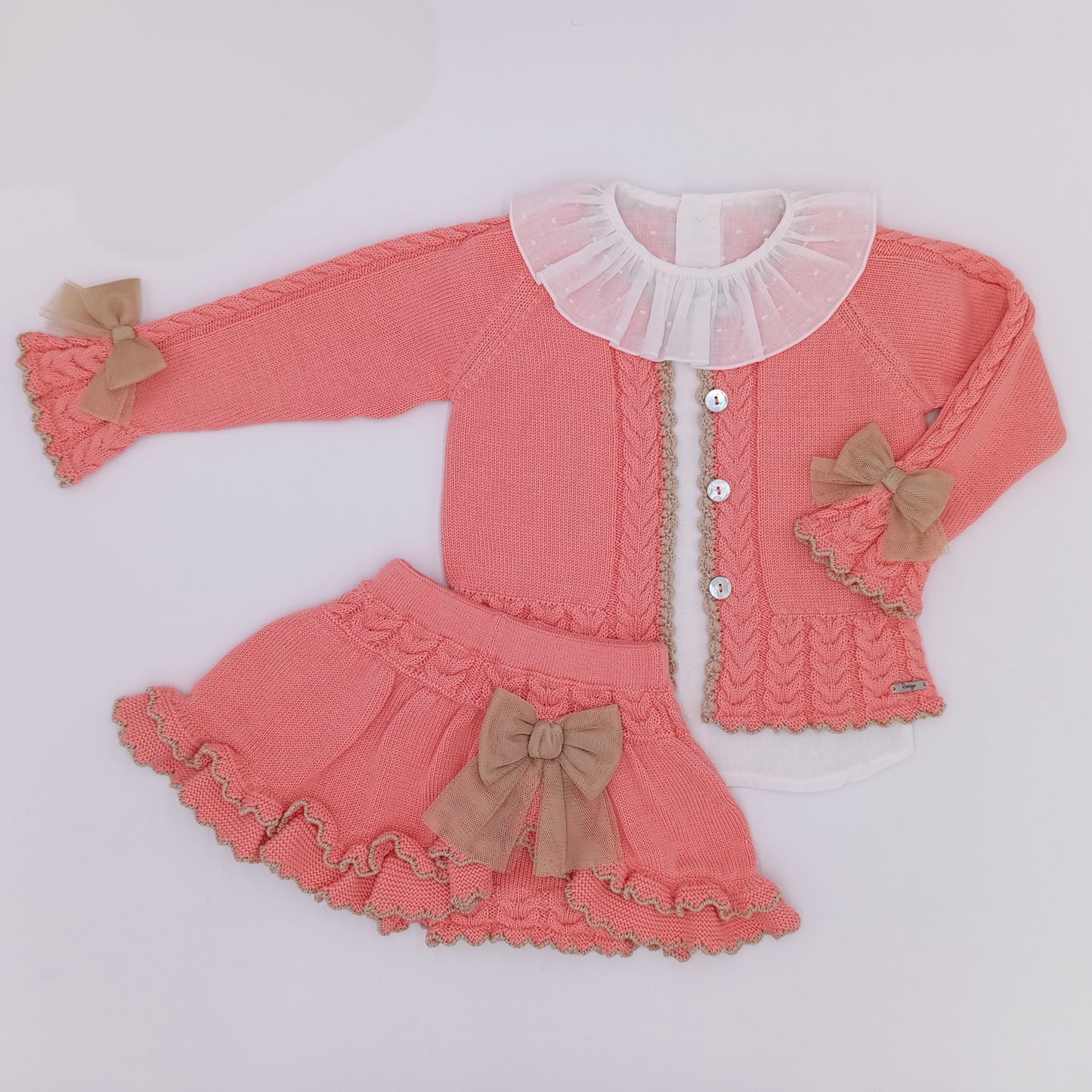 Rahigo SS26 girls salmon and camel three piece skirt set 