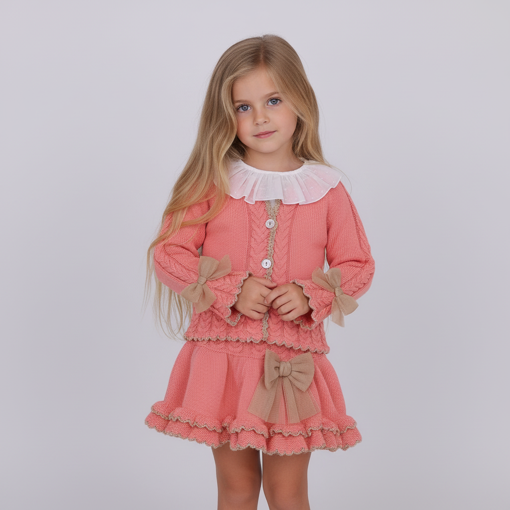 Rahigo SS26 girls salmon and camel three piece skirt set 