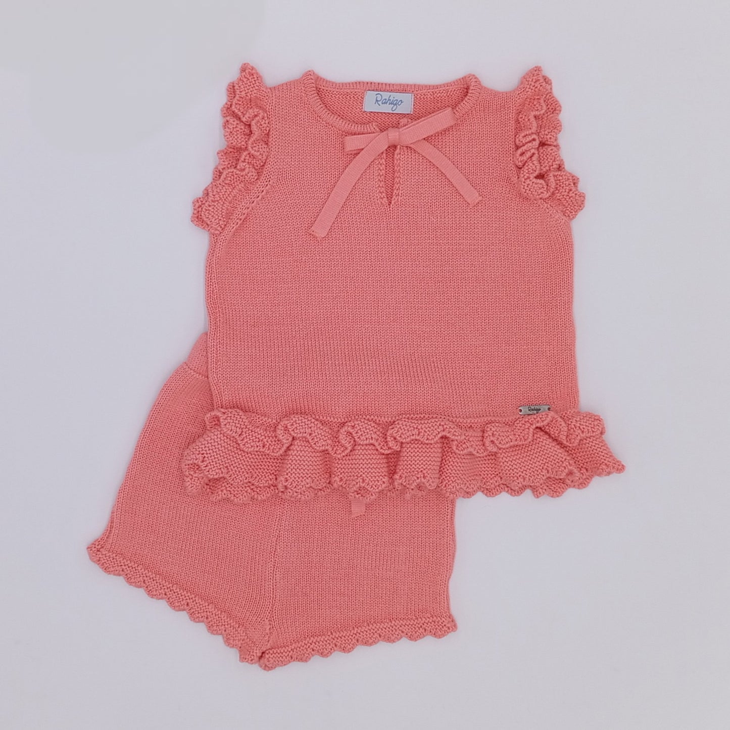 Rahigo SS26 girls salmon fine knit shorts set 
