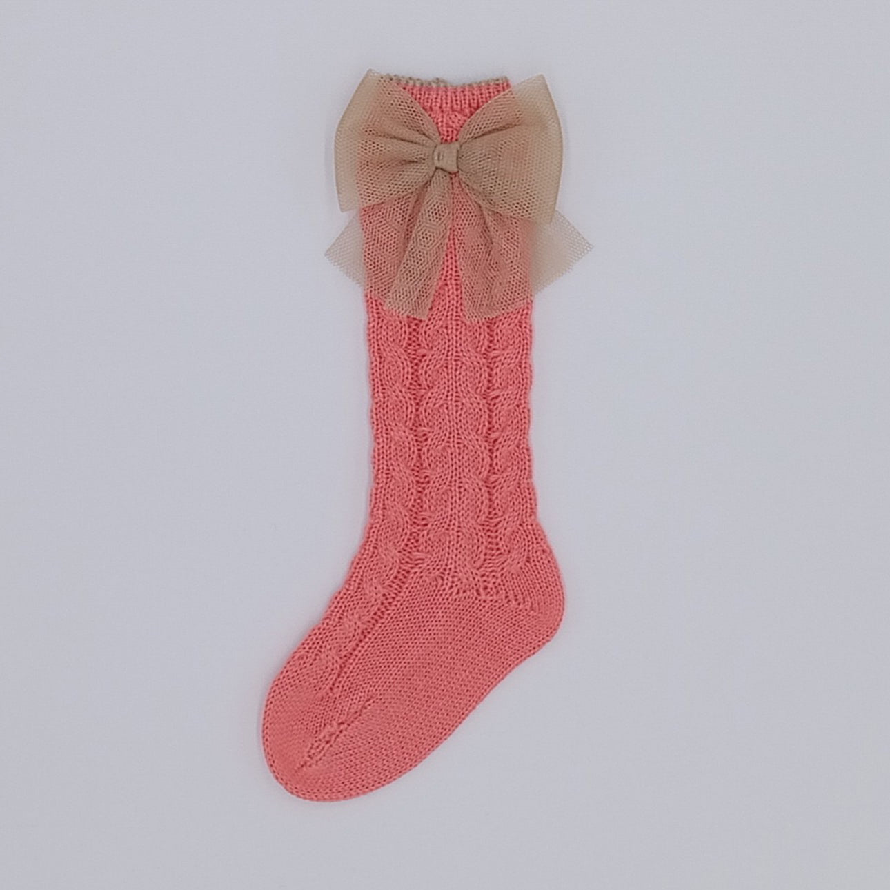 Rahigo SS26 girls salmon fine knit knee socks with camel tulle bow 