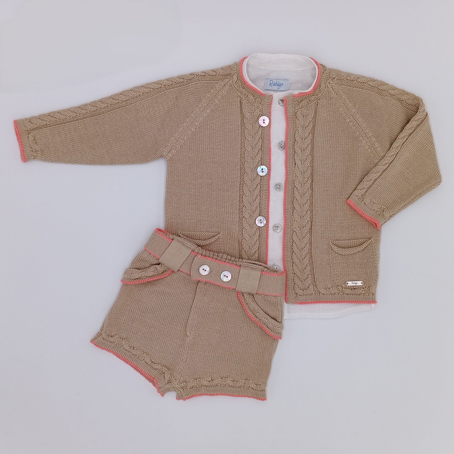 Rahigo SS26 boys camel and salmon three piece shorts set 