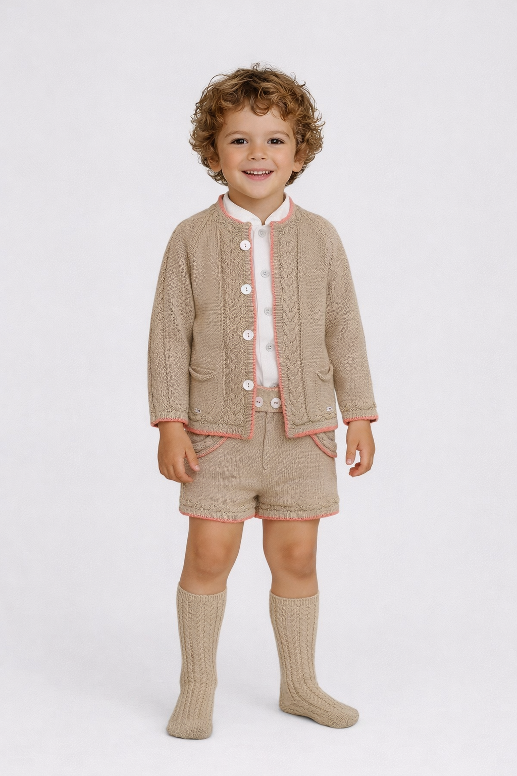 Rahigo SS26 boys camel and salmon three piece shorts set 