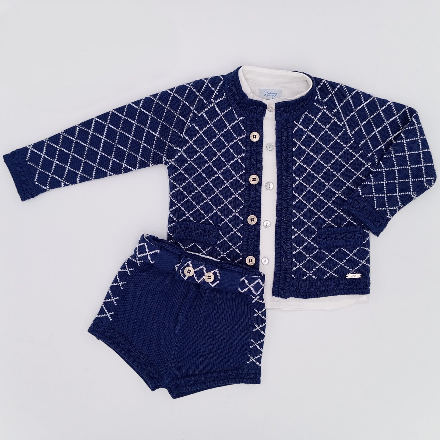 Rahigo SS26 boys navy and white three piece shorts set 