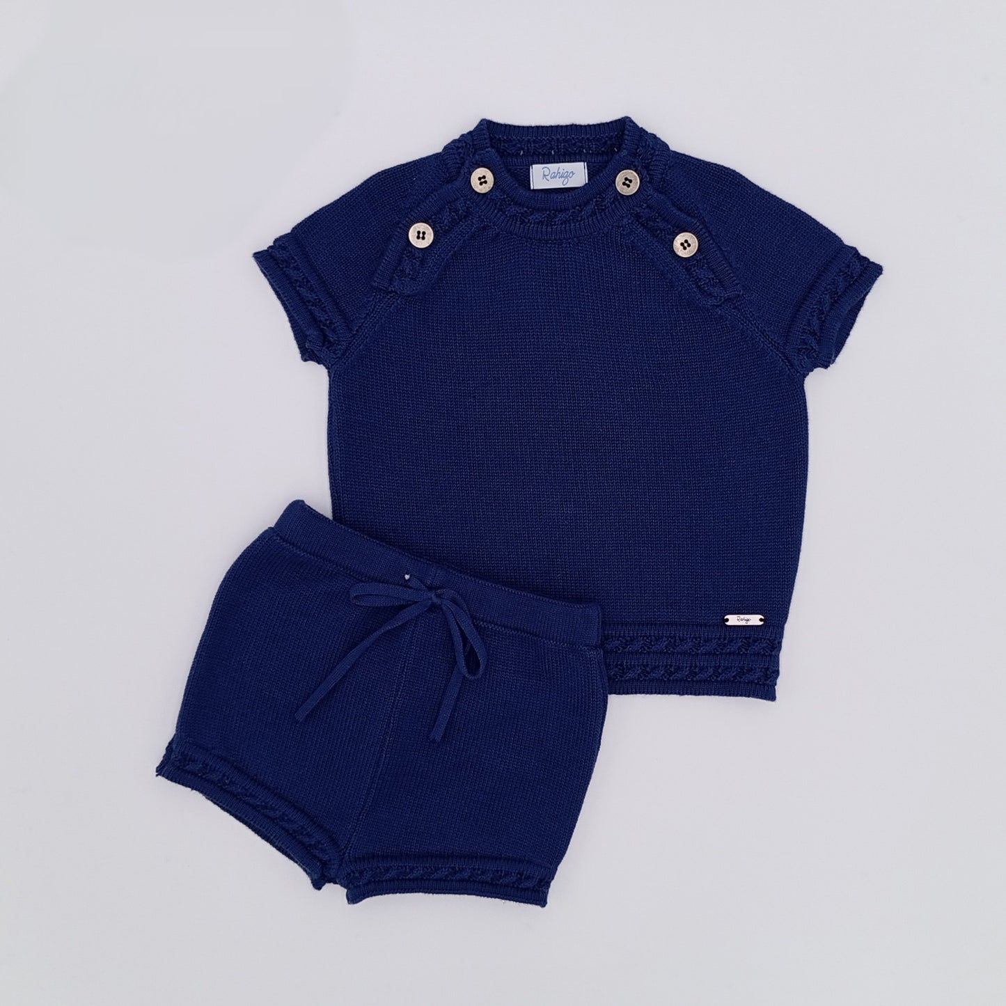 Rahigo SS26 boys navy fine knit shorts and top set 