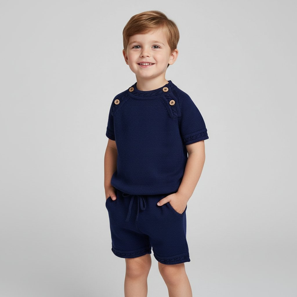Rahigo SS26 boys navy fine knit shorts and top set 
