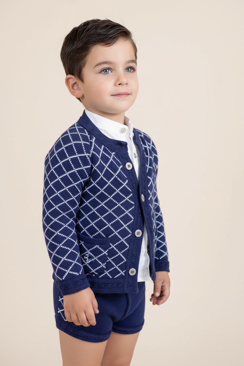 Rahigo SS26 boys navy and white three piece shorts set 
