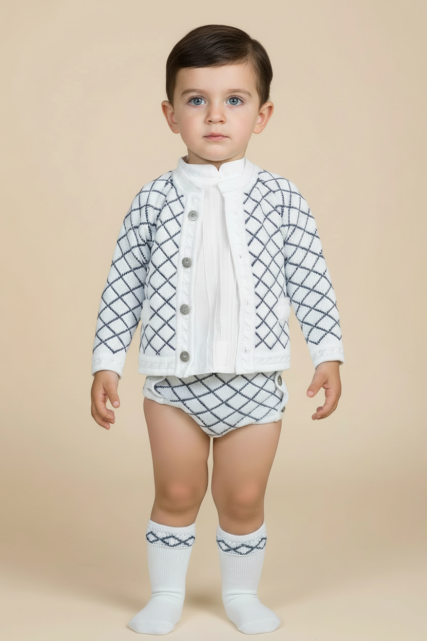 Rahigo SS26 boys white and navy jam pants, cardigan and shirt set 