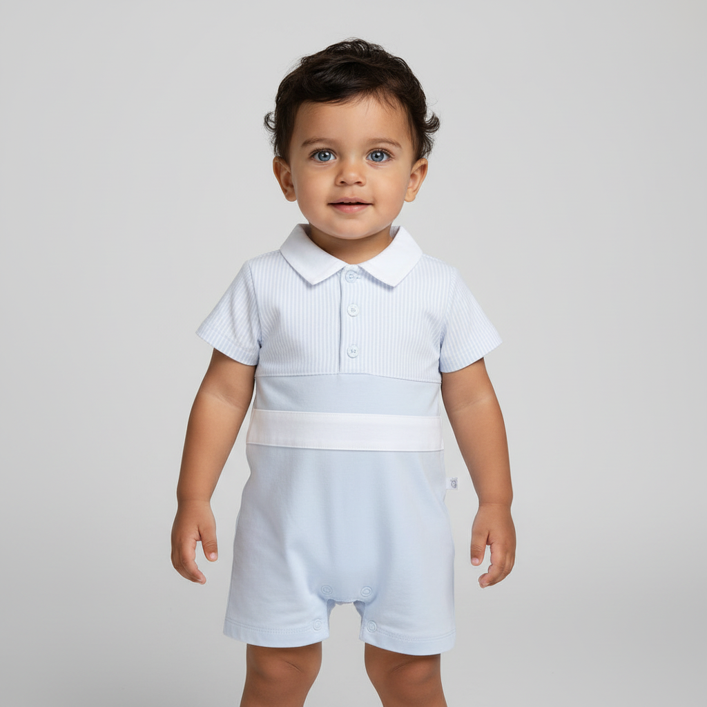 Deolinda bay boys blue and white shortall romper 