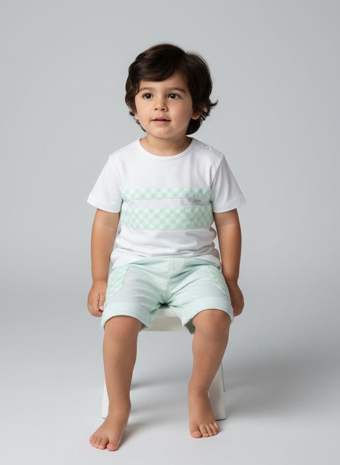 Pastels & Co boys mint green shorts and white t shirt with gingham details 