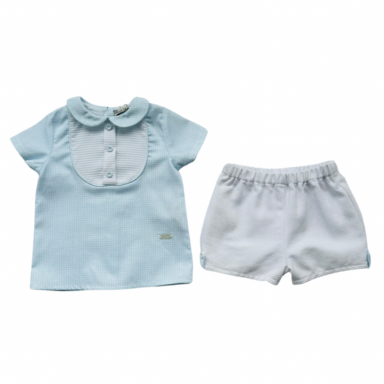 Piccola Speranza boys baby blue top and white shorts set - Adora Childrenswear
