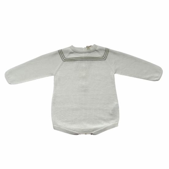 Unisex white romper with olive green stripes by Wedoble - Adora Childrenswear