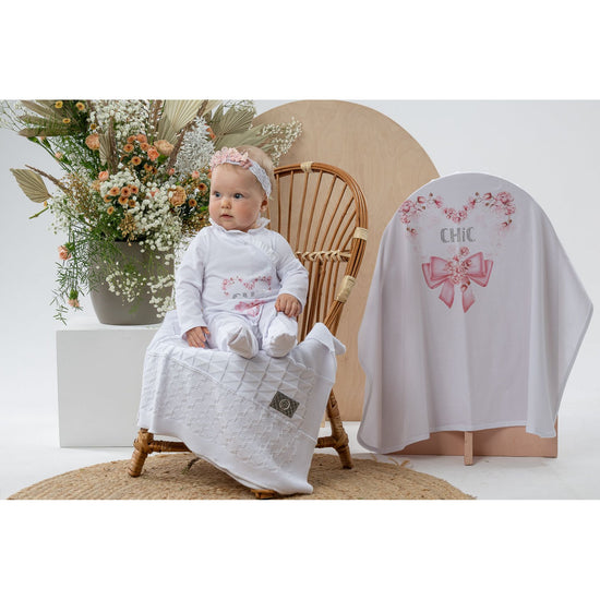 Matching white cotton baby grow and swaddle set - Adora Childrenswear 