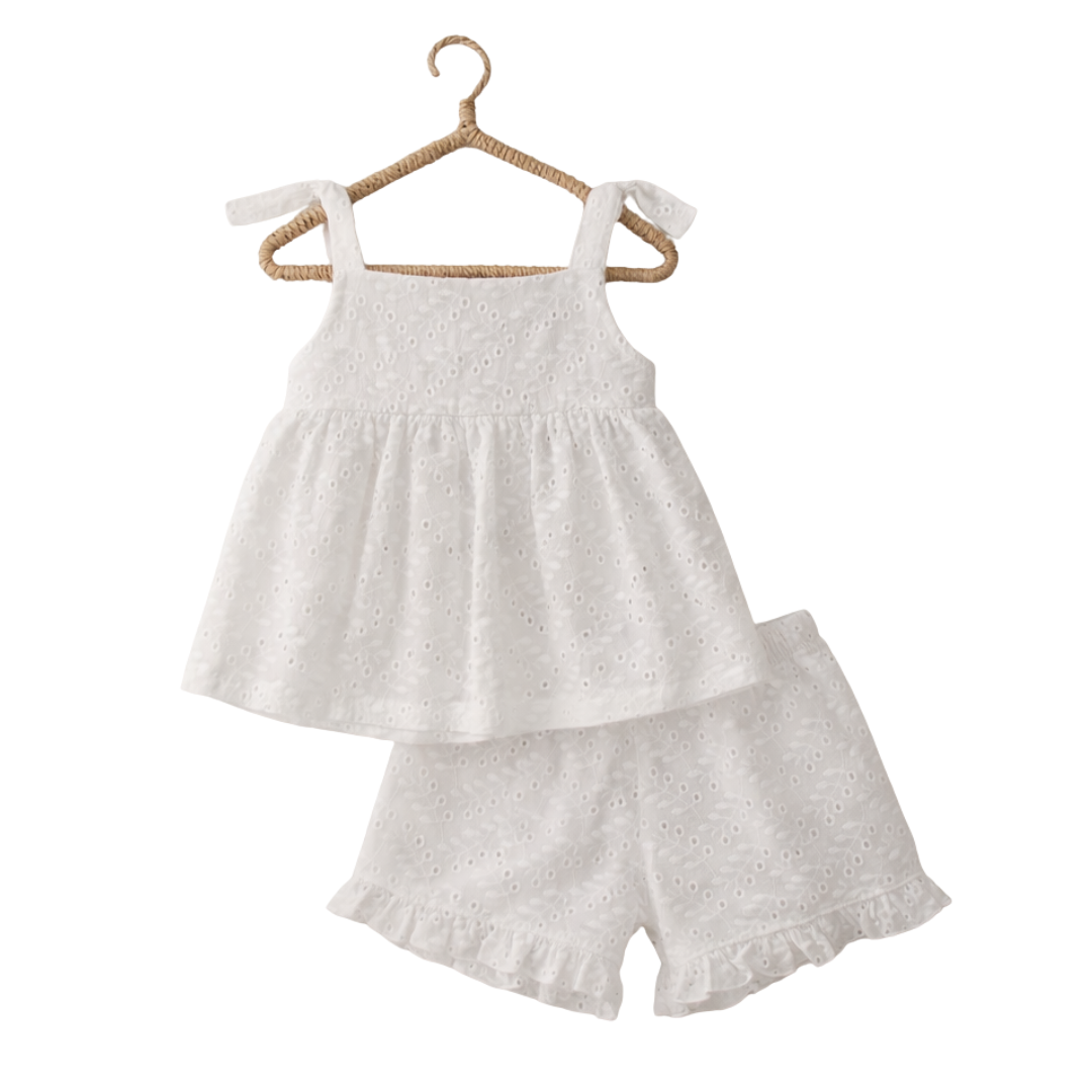 White broderie anglaise shorts set 