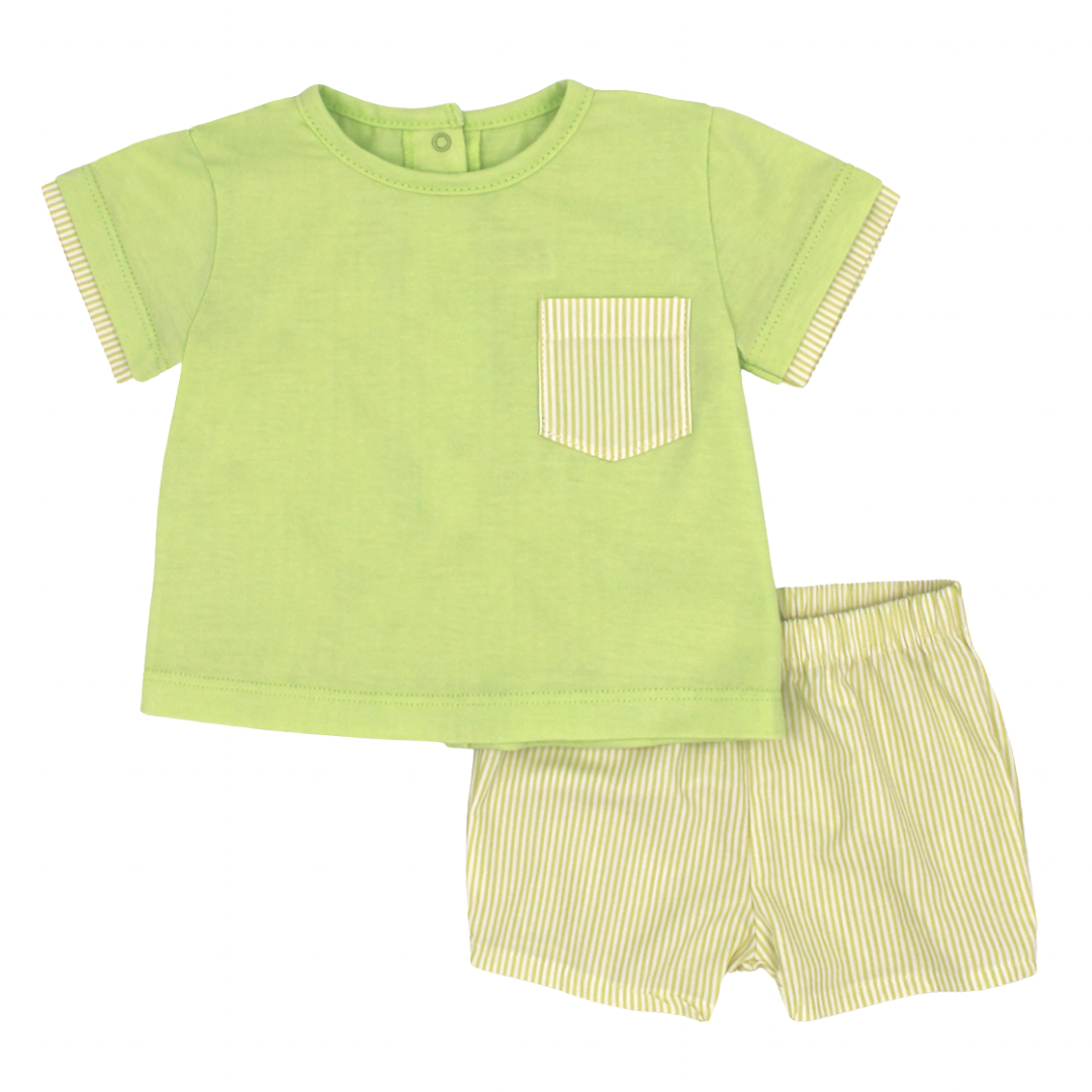 Green t-shirt with a pocket and striped shorts on a white background