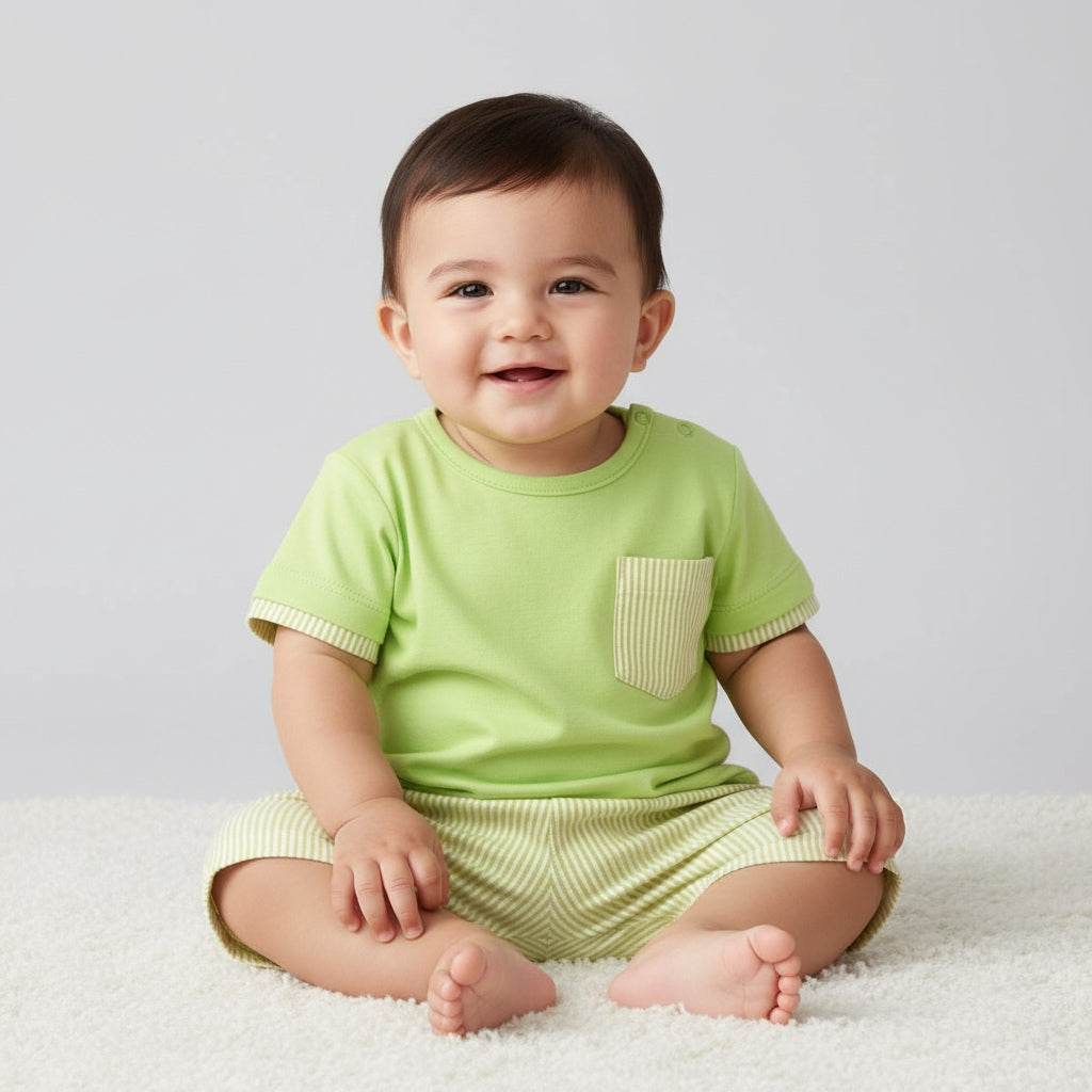 Baby wearing a green outfit sitting on a white surface with a light gray background