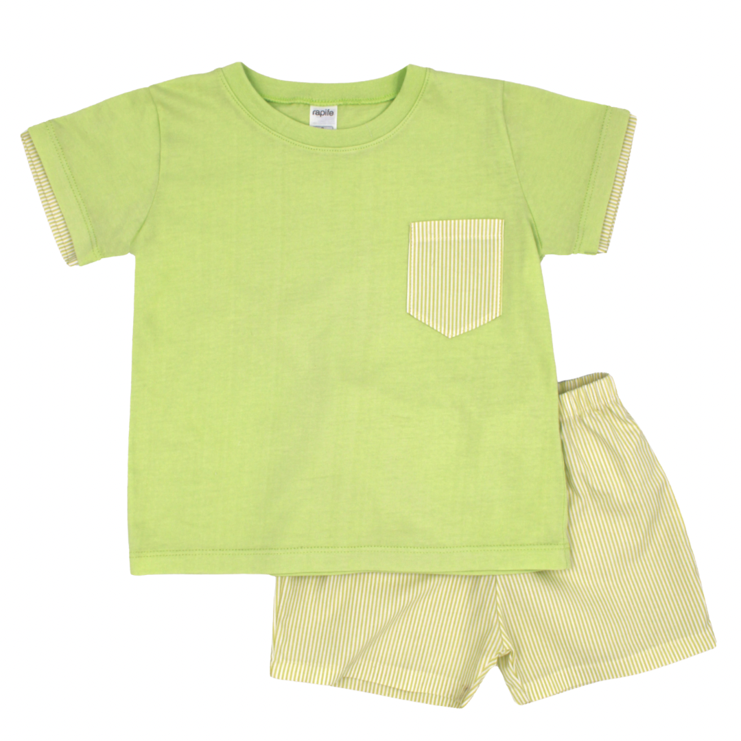 Green t-shirt and shorts set on a white background
