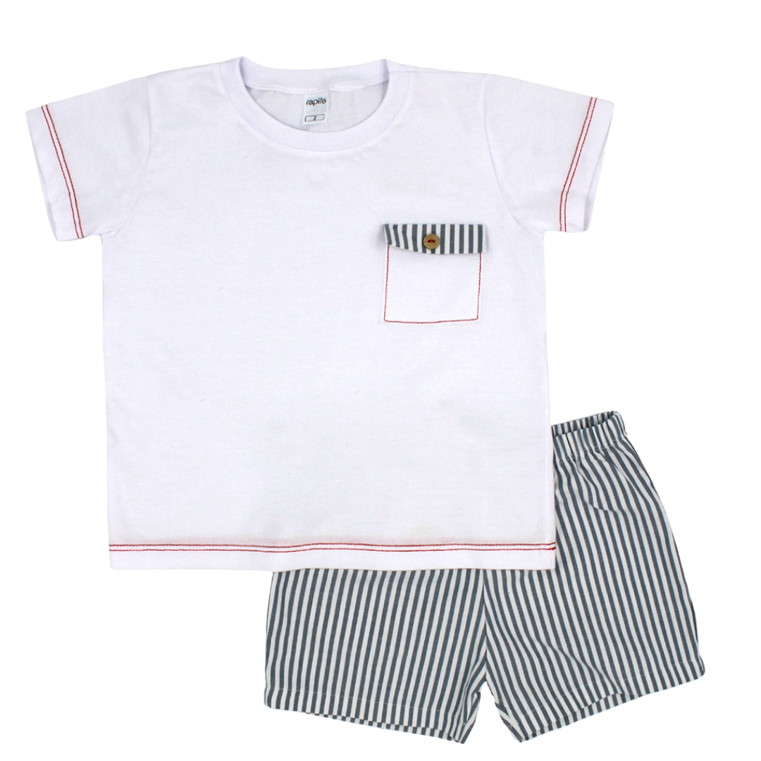 Children's white t-shirt with red trim and striped shorts on a white background