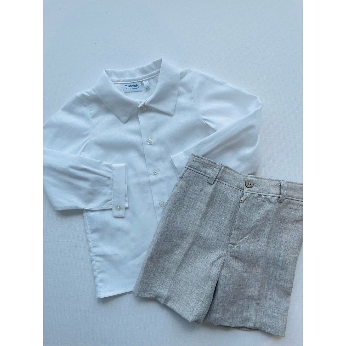White Shirt And Beige Linen Shorts 341 - Lala Kids 