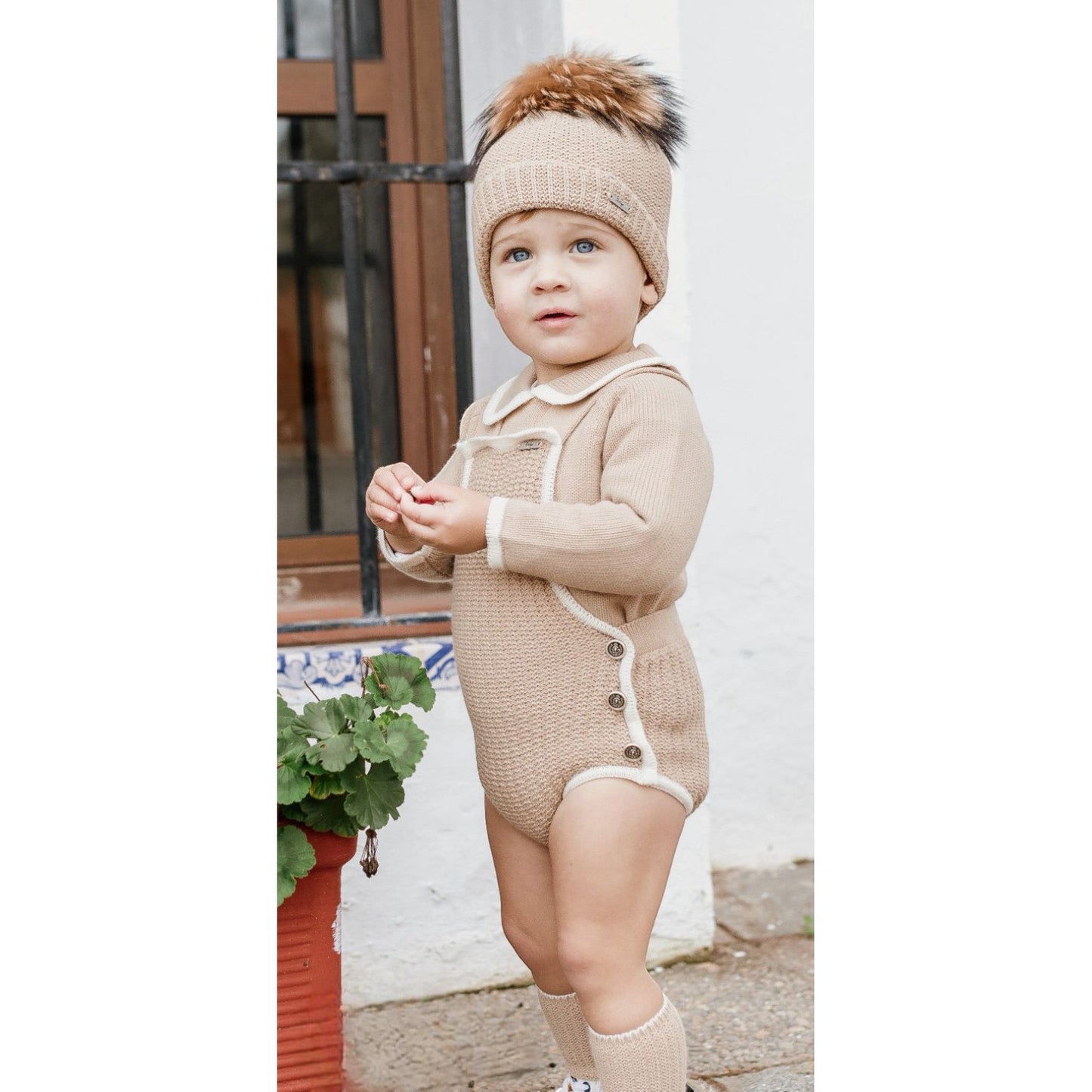 Rahigo knitted romper and jumper set in camel and cream 