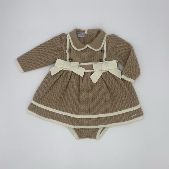 Rahigo baby girls camel and cream knitted dress with matching knickers 