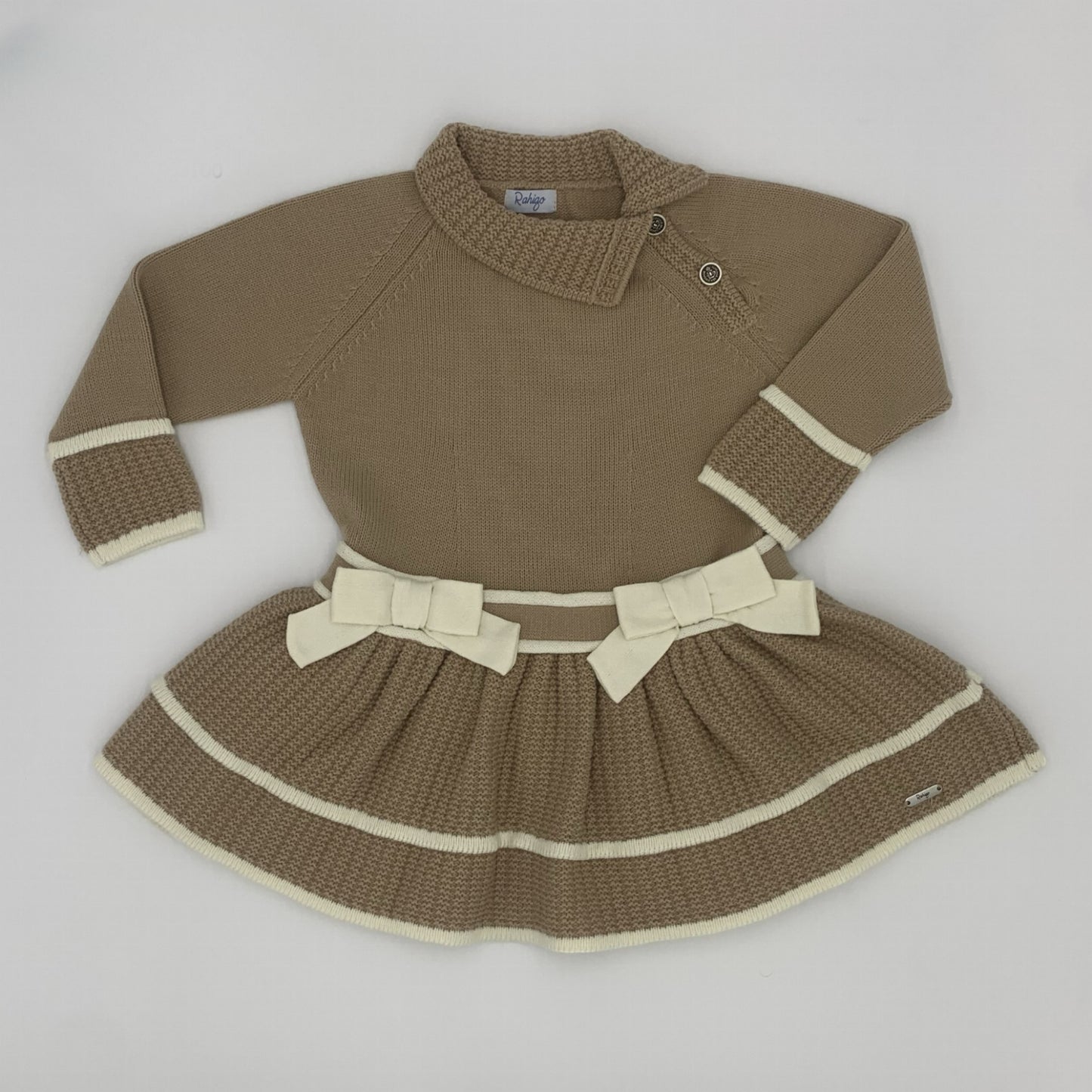 Girls Rahigo knitted dropwaist dress in camel and cream - Adora Childrenswear