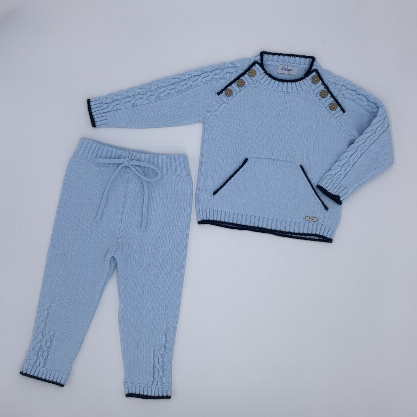 Boys smart casual tracksuit. Baby blue and navy knitted outfit by Rahigo 