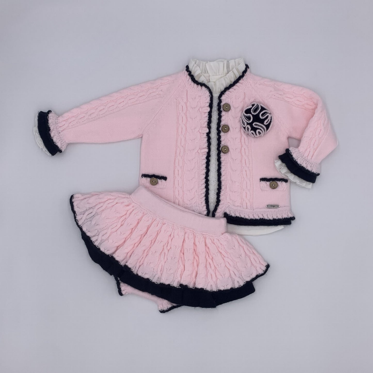 Baby pink and navy knitted skirts, matching cardigan and white blouse by Rahigo - Adora 