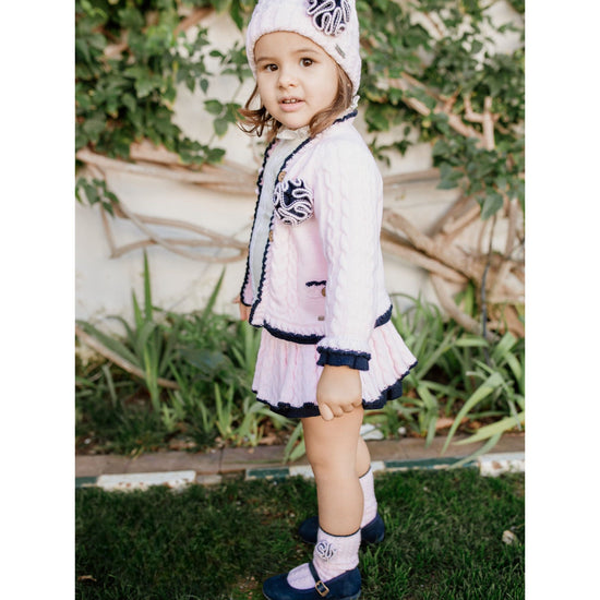 Girls pink Rahigo outfit featuring knitted skirt, matching cardigan and white blouse - Adora Childrenswear