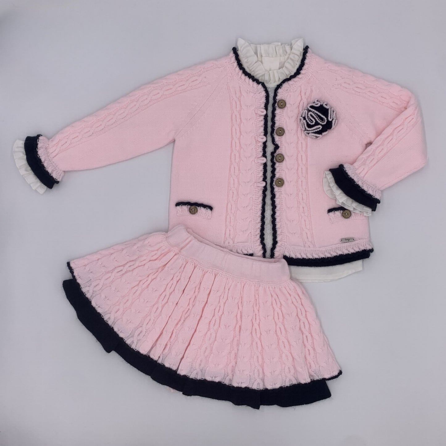 Rahigo pink outfit including a baby pink knitted skirt, matching cardigan and pretty blouse - Adora Childrenswear