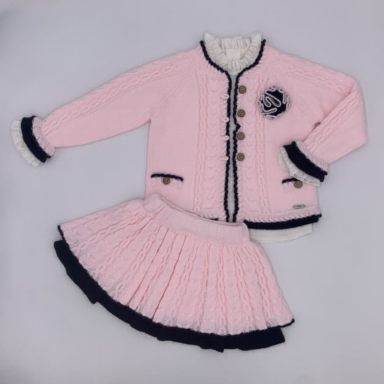 Rahigo pink outfit including a baby pink knitted skirt, matching cardigan and pretty blouse - Adora Childrenswear