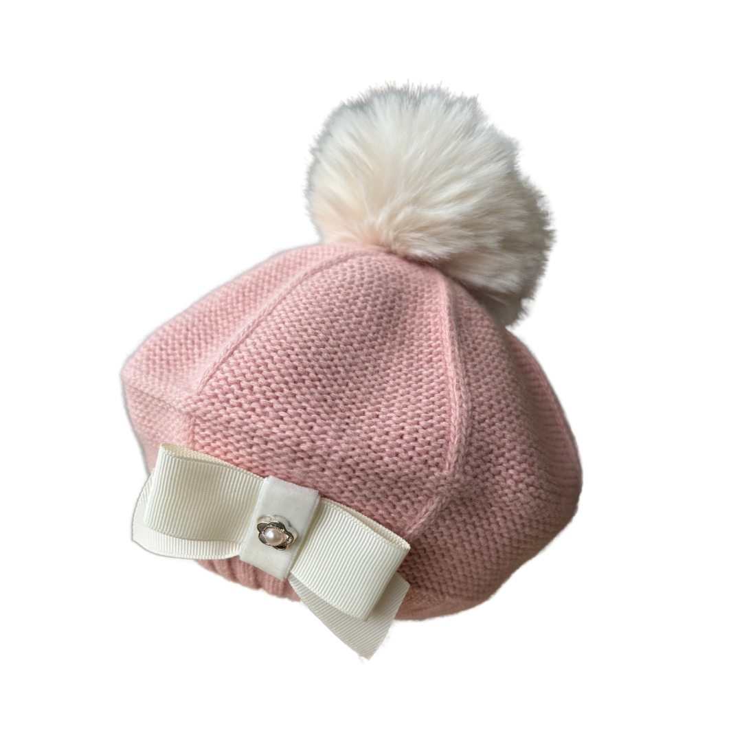 Girls pink knitted beret with cream faux fur pom by Jamiks - Adora Childrenswear 