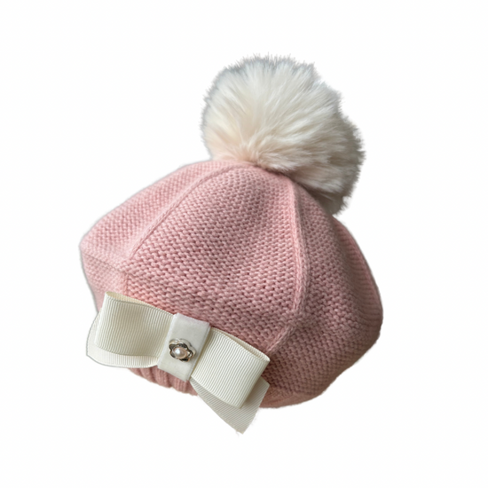 Girls pink knitted beret with cream faux fur pom by Jamiks - Adora Childrenswear 