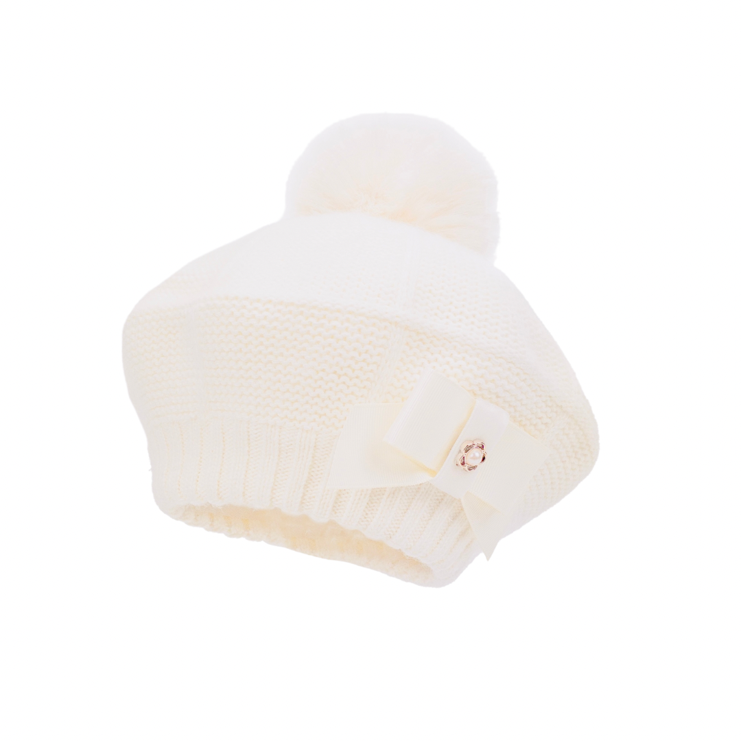 Girls cream knitted beret with fur pom by Jamiks