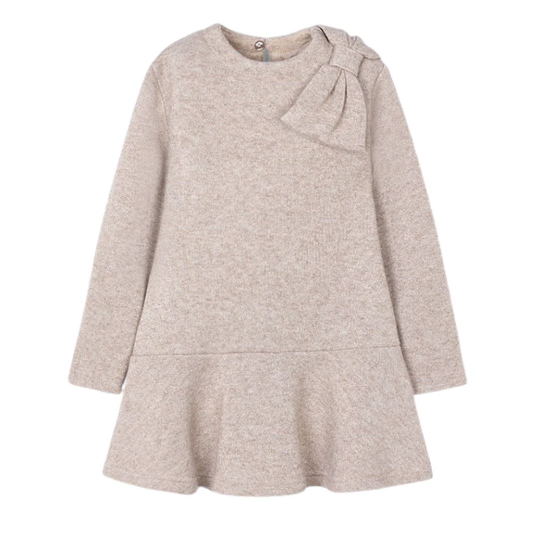Mayoral girls beige dress with bow on the shoulder 