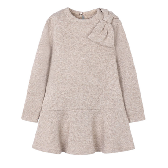 Mayoral girls beige dress with bow on the shoulder 