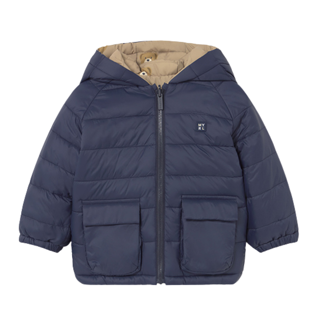 Mayoral boys beige/navy reversible coat with teddy bear design 