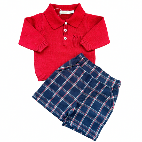 Rigola boys red knitted polo top and navy check shorts - Adora Childrenswear 