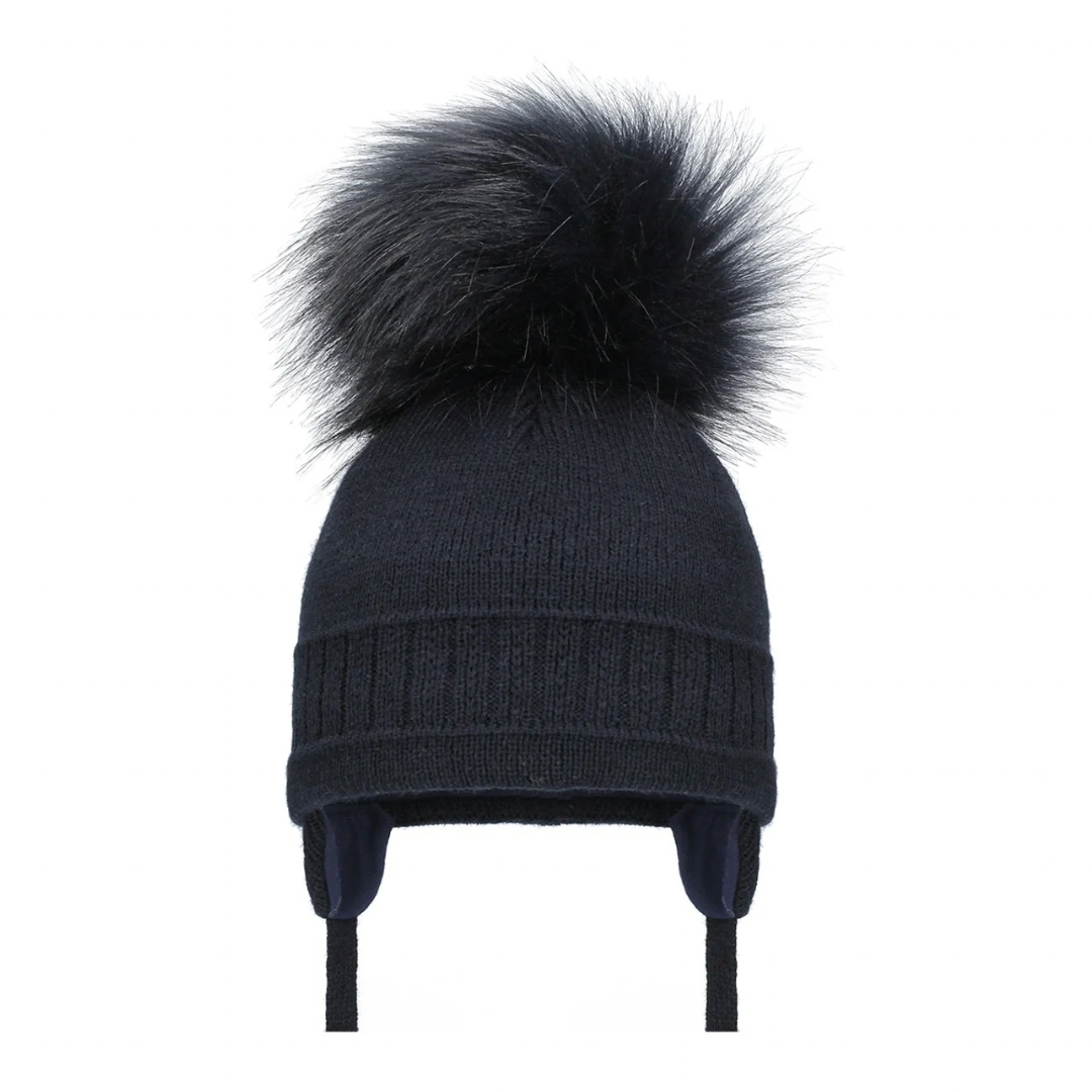 Kids navy cable knit hat with large large pom 