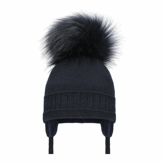 Kids navy cable knit hat with large large pom 