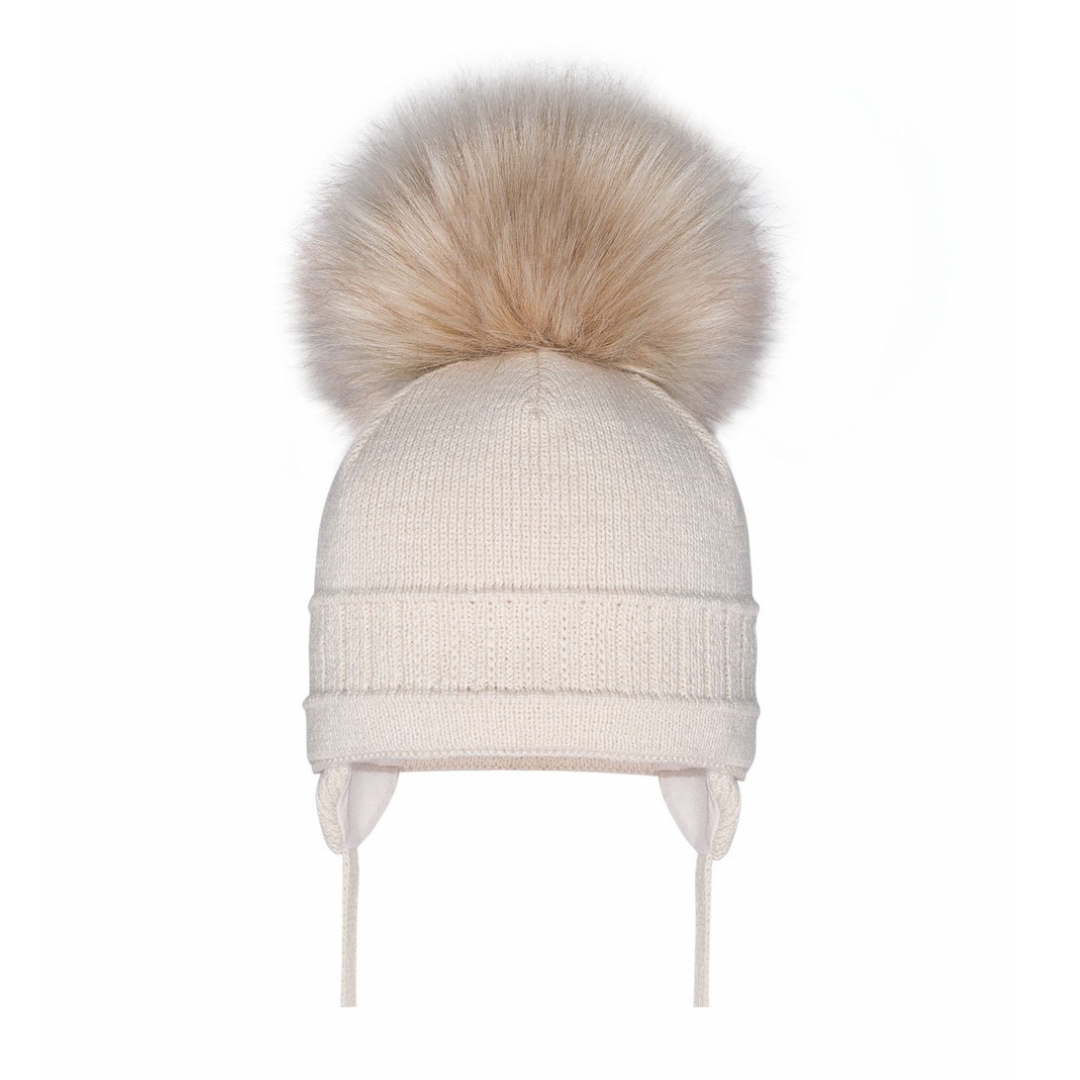 Unisex Beige cable knit pom pom hat