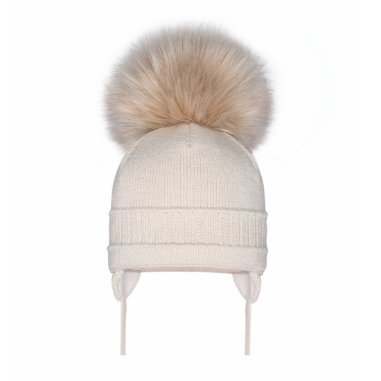 Unisex Beige cable knit pom pom hat