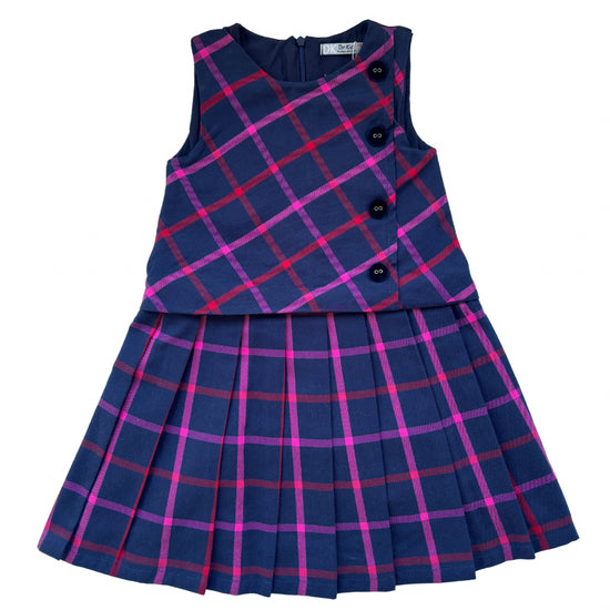 Dr Kid girls navy and pink tartan pinafore dress - Adora Childrenswear