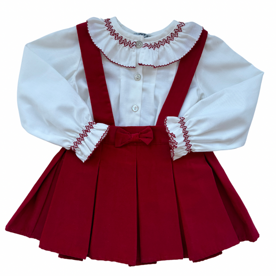 Dr Lid girls red velvet pleated skirt and smocked blouse set - Adora Childrenswear