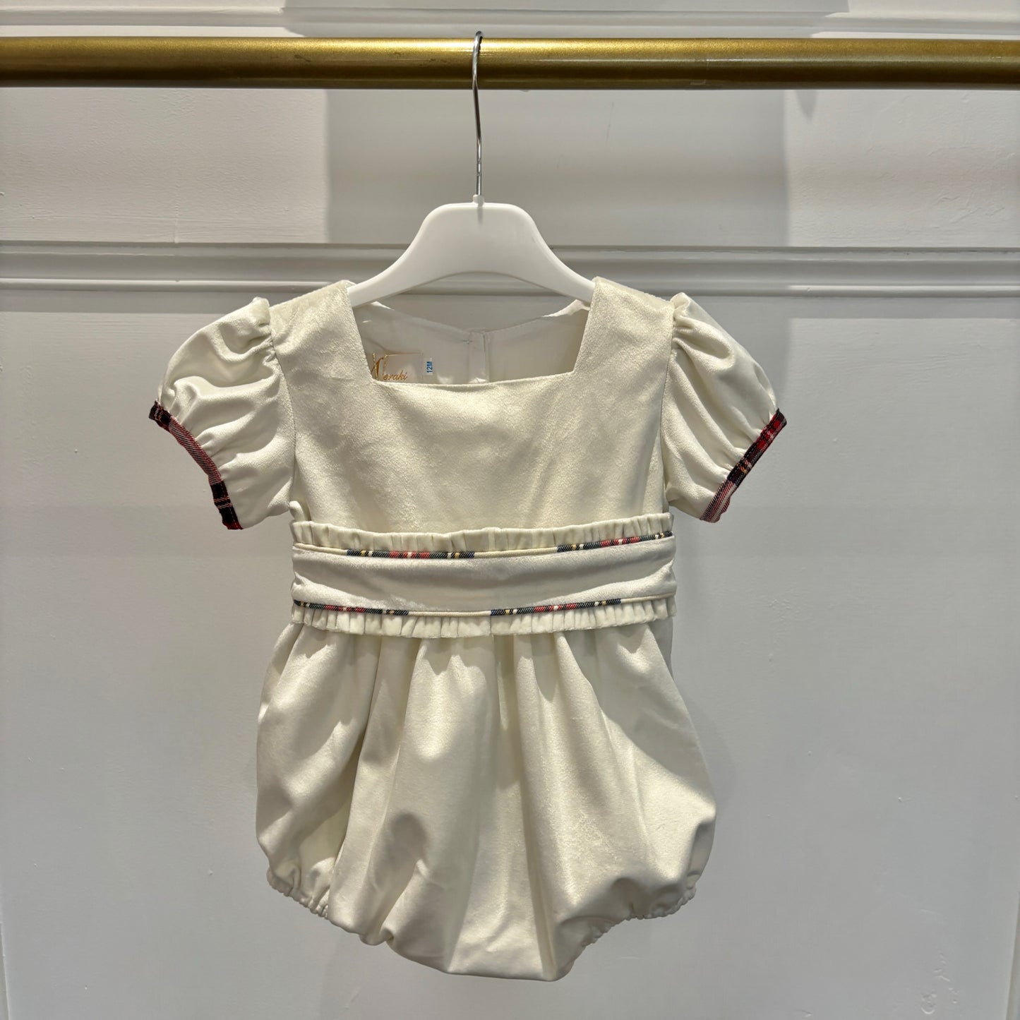 Unisex baby girls or baby boys ivory velvet romper with red plaid piping - Adora Childrenswear