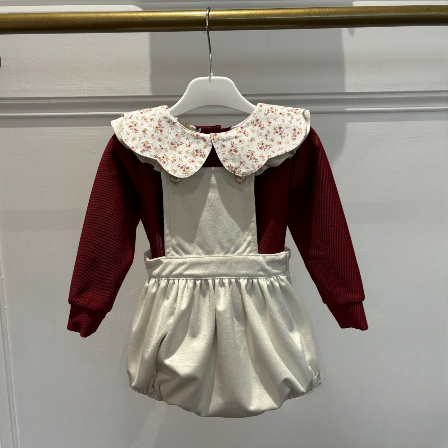 Velvet ivory ruffle romper and wine coloured floral blouse - Adora Childrenswear