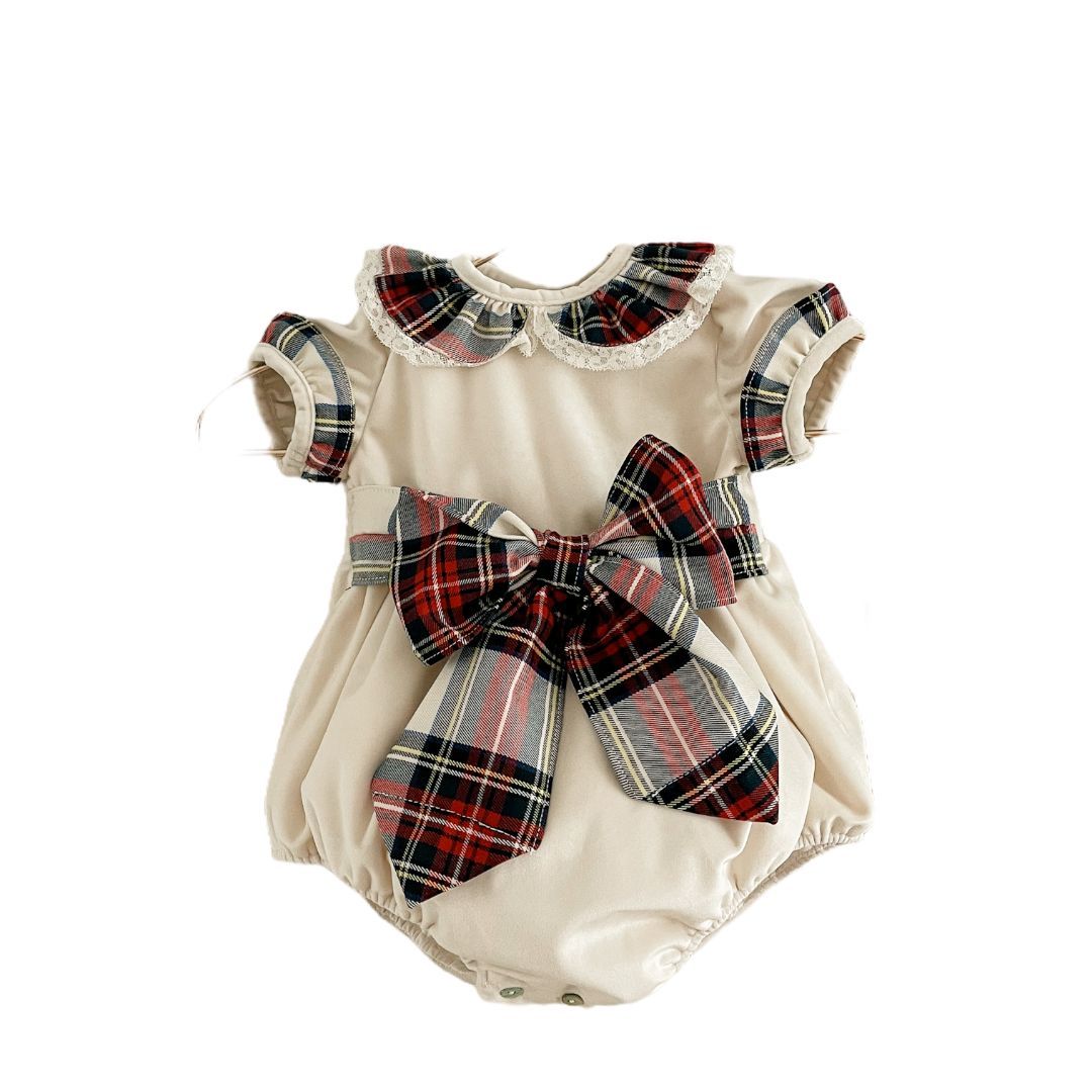Load image into Gallery viewer, Ivory Romper With Tartan Bow 3230 - Lala Kids 

