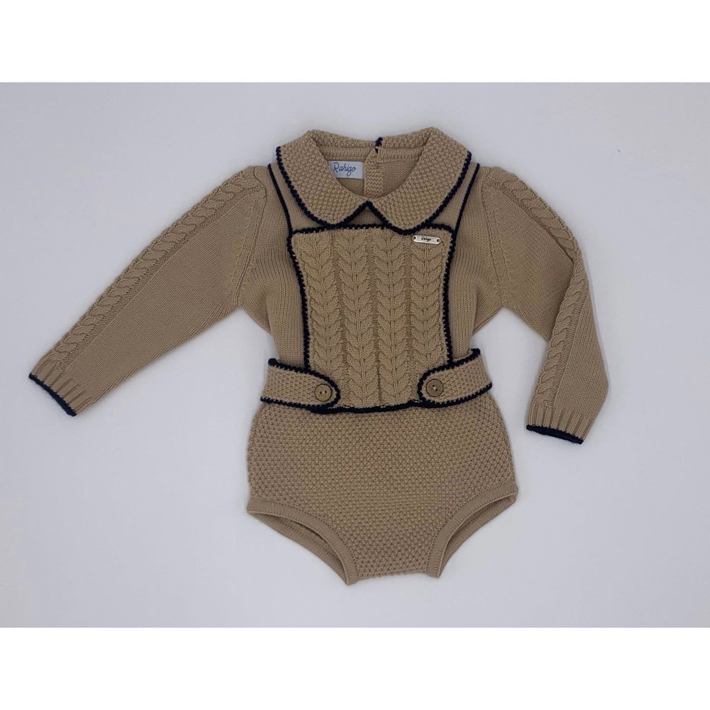 Load image into Gallery viewer, Camel Romper Set With Navy Detailing 3235 - Lala Kids 
