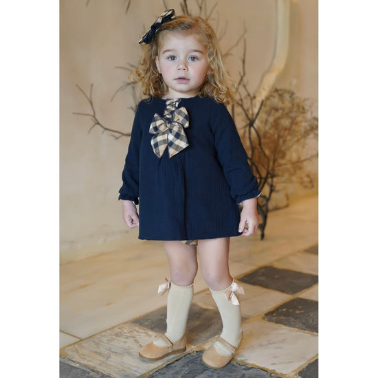 Beige And Navy Checked Dress With Bow 3222 - Lala Kids 