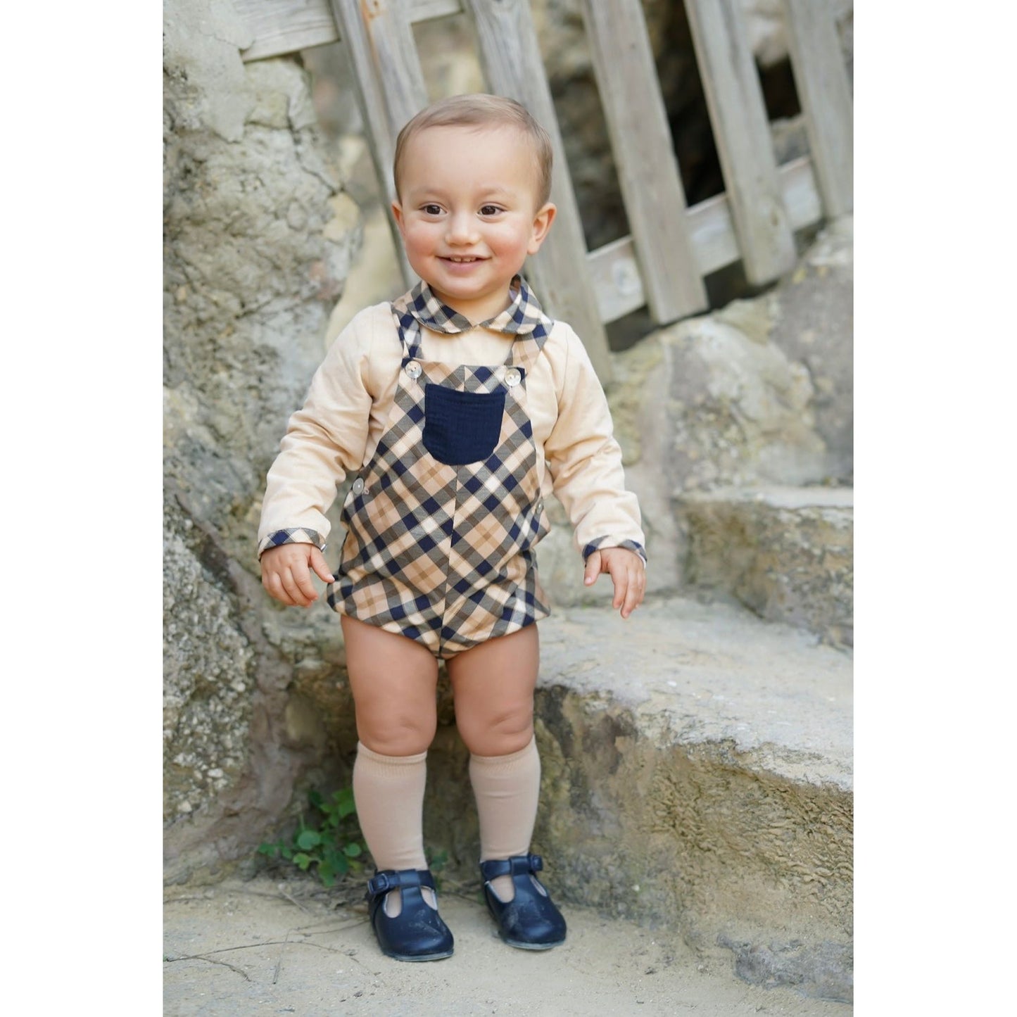 Beige And Navy Checked Dungarees And Shirt 3220 - Lala Kids 