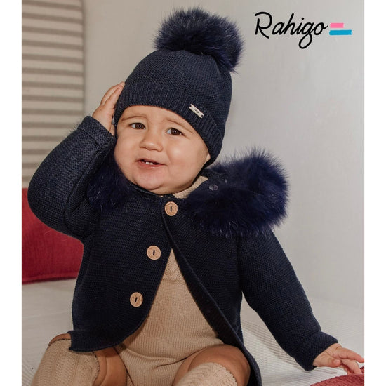 Navy Knitted Coat With Fur Hood 3242 - Lala Kids 
